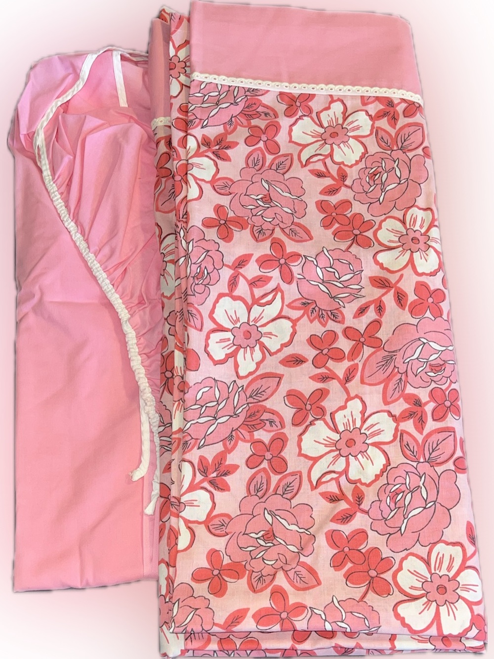 🔴Vintage New Pink Floral Bedding Flat Solid Pink Fitted Sheet Set Double/Full
